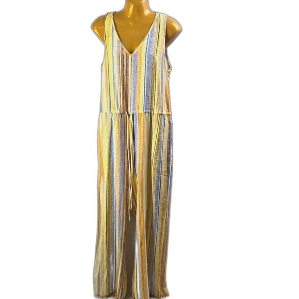 Anthropologie Drew Women's Linen Blend Striped Woven Jumpsuit Yellow Blue Sz S